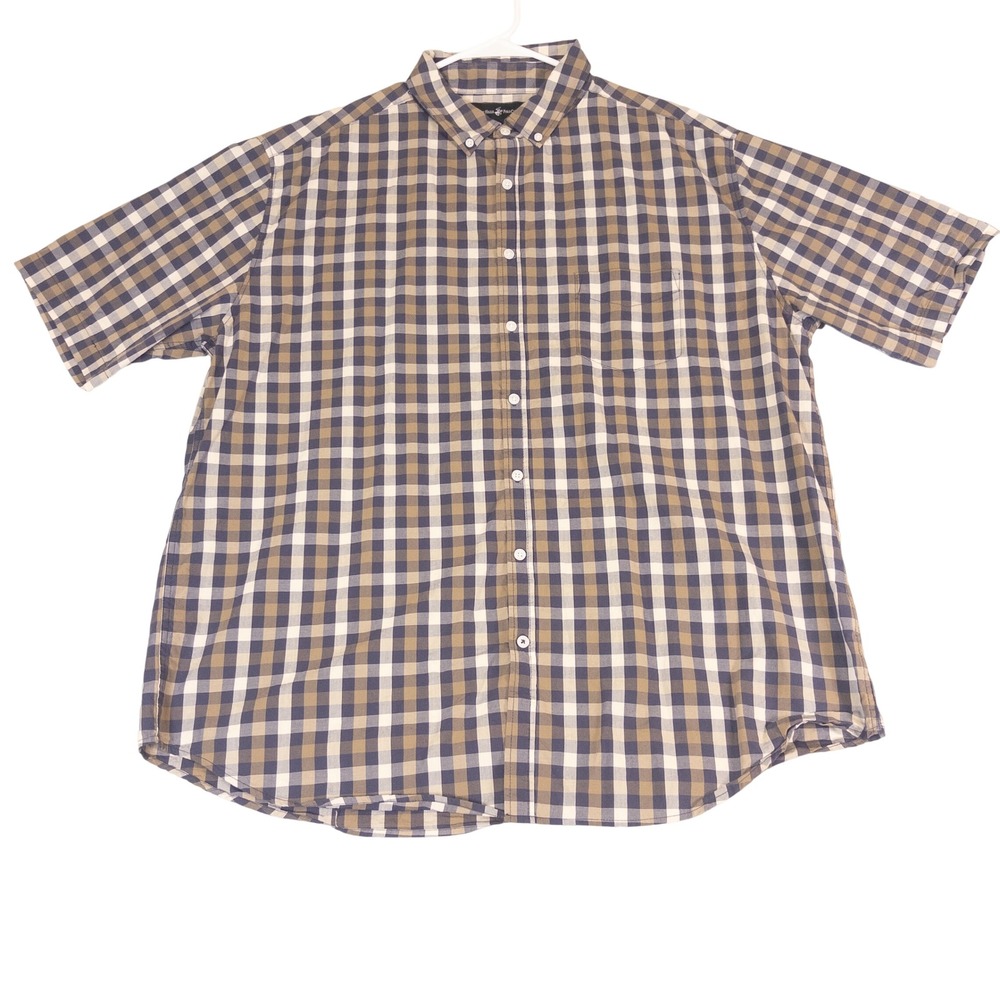 Beverly Hills Polo Club Mens 3XLB Gingham Button Down Shirt Blue Tan Plaid S/S